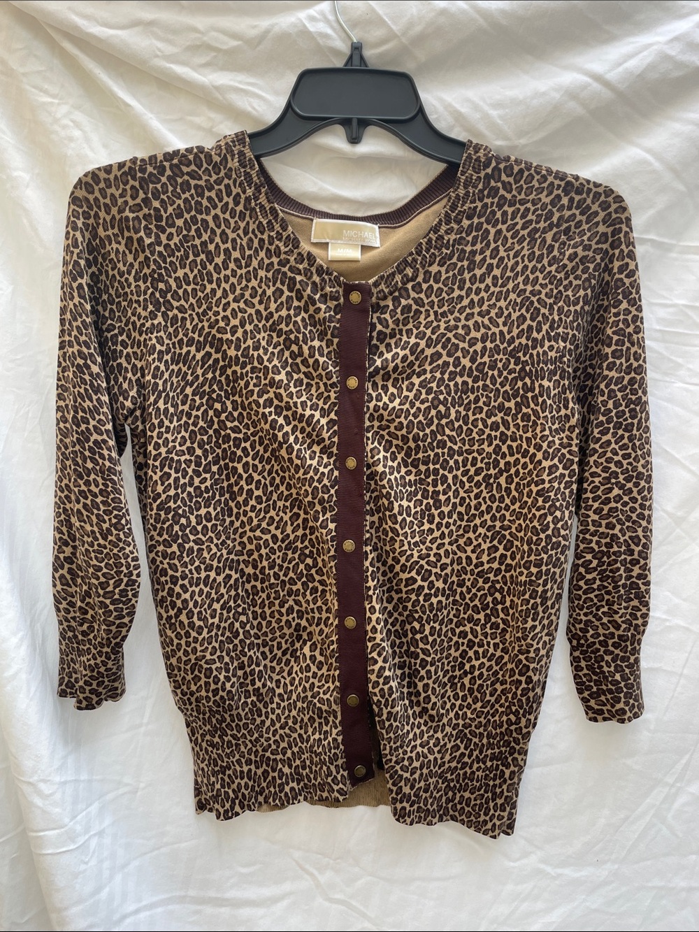 Michael Kors Brown and Tan Leopard-Print Cardigan with Gold Buttons